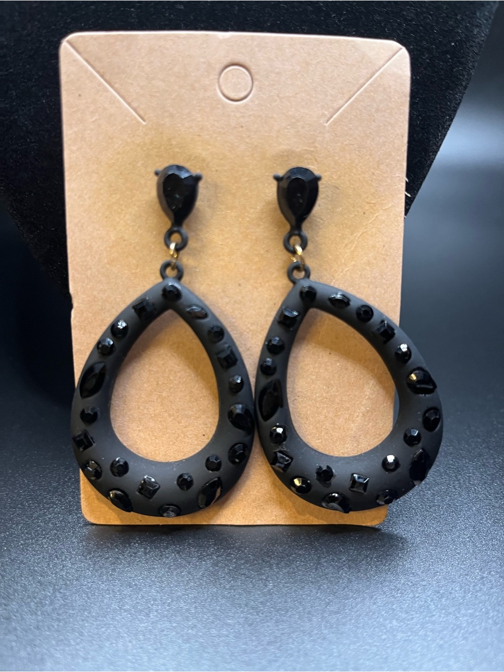 Vintage 1990s Black Rhinestone Metal Teardrop Statement Earrings
